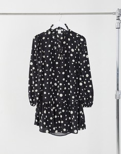 Свободное платье мини в горошек с баской и завязкой на шее Glamorous-Черный