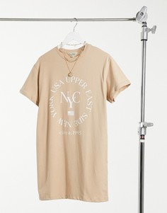 Бежевое платье-футболка с надписью New York Miss Selfridge-Бежевый