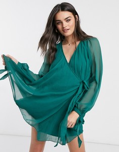 Зеленое плиссированное платье мини с длинными рукавами ASOS DESIGN-Зеленый