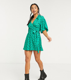 Зеленое платье мини в горошек с воротником и объемными рукавами ASOS DESIGN Petite-Зеленый