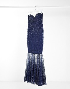 Темно-синее платье макси с украшением из прозрачных пайеток Goddiva-Темно-синий