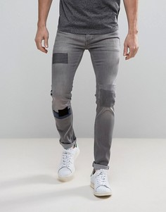 Зауженные стретчевые джинсы с заплатками Religion-Серый