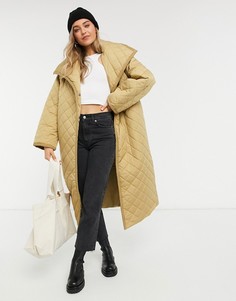 Светло-бежевое стеганое пальто макси ASOS DESIGN-Зеленый