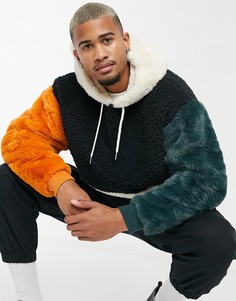 Oversized-худи из искусственного меха двух видов в стиле колор-блок ASOS DESIGN-Черный