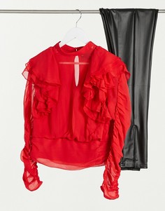 Красная шифоновая блузка с длинными рукавами и рюшами ASOS DESIGN-Красный