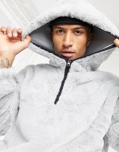 Oversized-худи серого цвета из искусственного меха с высоким воротником и окантовкой ASOS DESIGN-Серый