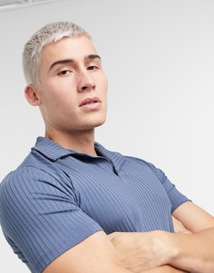 Синее обтягивающее поло с отложным воротником в рубчик ASOS DESIGN-Темно-синий