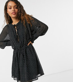 Черное платье мини из ткани добби в белый горошек с завязками спереди ASOS DESIGN Petite-Многоцветный