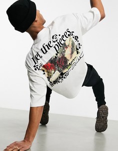 Футболка кремового цвета в стиле oversized с цветочным фотопринтом и надписью на спине ASOS DESIGN-Белый