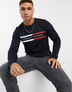 Темно-синий лонгслив с фирменными полосками и логотипом на груди Tommy Hilfiger corp