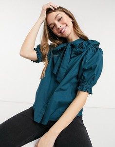 Темно-зеленая блуза из поплина с присборенным воротником New Look-Зеленый