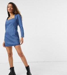 Светлое выбеленное платье мини с разрезом на рукавах ASOS DESIGN Petite-Голубой