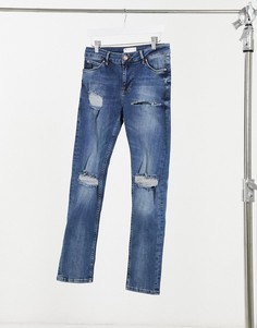 Темно-голубые облегающие джинсы с эффектом потертости и большими рваными разрезами ASOS DESIGN-Голубой