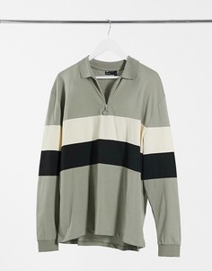 Свободный лонгслив-поло цвета хаки с контрастными вставками ASOS DESIGN-Зеленый
