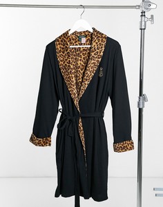Черный халат на бархатной подкладке с леопардовой отделкой LAUREN by Ralph Lauren-Коричневый