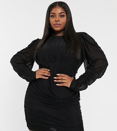 Черное облегающее платье из полупрозрачного материала с длинными рукавами NaaNaa Plus-Черный