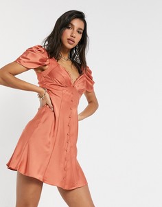 Платье мини на пуговицах с драпировкой на плечах ASOS DESIGN-Коричневый