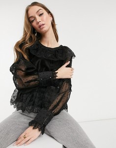 Черная блузка из ткани добби со сборками Topshop-Черный