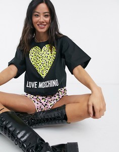 Черный укороченный топ с логотипом и принтом в виде сердца леопардовой расцветки Love Moschino