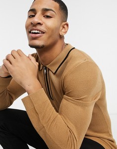 Поло бежевого цвета с длинным рукавом и контрастным воротником Topman-Коричневый