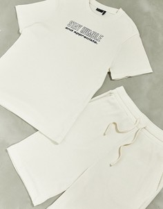 Шорты и футболка из вафельного трикотажа с вышивкой на груди для дома ASOS DESIGN-Бежевый