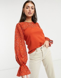 Красная блузка с кружевными рукавами River Island-Коричневый