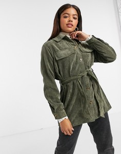 Вельветовая рубашка-куртка цвета хаки с поясом Pieces-Зеленый