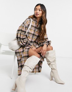 Светло-коричневое клетчатое платье-рубашка миди на пуговицах ASOS DESIGN-Многоцветный