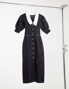 Черное джинсовое платье миди с воротником из хлопка ASOS DESIGN-Черный