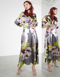 Платье миди с пышными рукавами на манжетах и цветочным принтом металлик ASOS EDITION-Серебряный