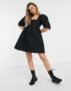 Черное стеганое платье мини с присборенной юбкой, объемными рукавами и квадратным вырезом ASOS DESIGN-Черный