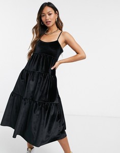 Черное ярусное платье миди из бархата с узкими бретельками ASOS DESIGN-Черный