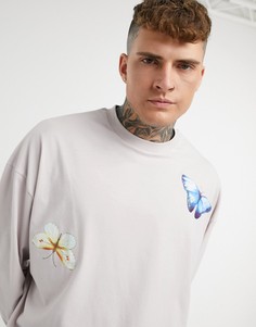 Сиреневый oversized-лонгслив с принтами бабочек спереди и сзади ASOS DESIGN-Розовый