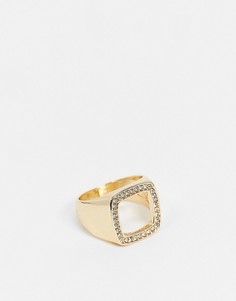 Золотистое кольцо-печатка с вырезом и отделкой стразами DesignB London-Золотистый