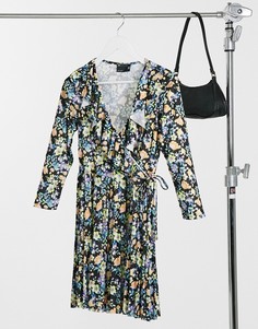 Черное платье мини с запахом, длинными рукавами и цветочным принтом ASOS DESIGN-Черный