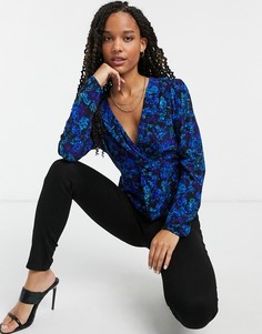 Синяя блузка с запахом и цветочным принтом River Island-Коричневый