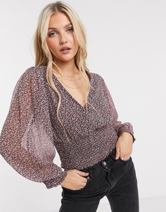 Бордовая блузка с пышными рукавами и глубоким вырезом Abercrombie & Fitch-Красный