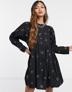 Черное свободное платье мини на пуговицах с вышивкой в виде подковы ASOS DESIGN-Черный