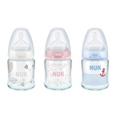 Бутылочка Nuk с силиконовой соской р. M, стекло, 0-6 мес, 120 мл