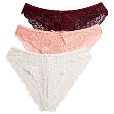Magic lady Набор трусов бикини кружевные, 3 шт., размер 40, слоновая кость/светло-оранжевый/бордовый