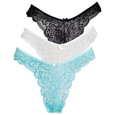 Magic lady Набор трусов бикини кружевные с высоким вырезом бедра, 3 шт., размер 42, бирюзовый/слоновая кость/черный