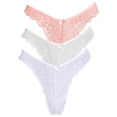 Magic lady Набор трусов бикини кружевные с высоким вырезом бедра, 3 шт., размер 42, белый/слоновая кость/светло-оранжевый