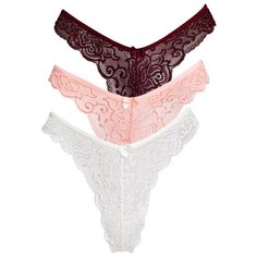 Magic lady Набор трусов бикини кружевные с высоким вырезом бедра, 3 шт., размер 42, бордовый/светло-оранжевый/слоновая кость