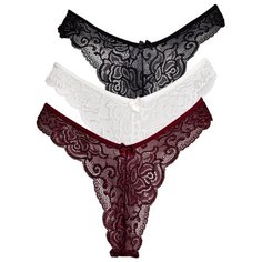 Magic lady Набор трусов бикини кружевные с высоким вырезом бедра, 3 шт., размер 40, бордовый/слоновая кость/черный