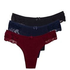 Magic lady Набор трусов стринги с кружевом и бантиком, 3 шт., размер 46-48, черный/темно-синий/бордовый