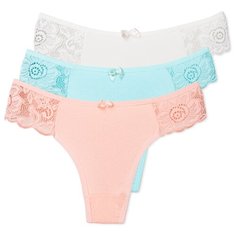 Magic lady Набор трусов стринги с кружевом и бантиком, 3 шт., размер 46-48, бирюзовый/слоновая кость/светло-оранжевый