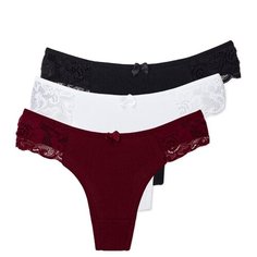 Magic lady Набор трусов стринги с кружевом и бантиком, 3 шт., размер 46-48, черный/бордовый/белый