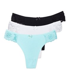 Magic lady Набор трусов стринги с кружевом и бантиком, 3 шт., размер 46-48, бирюзовый/белый/черный