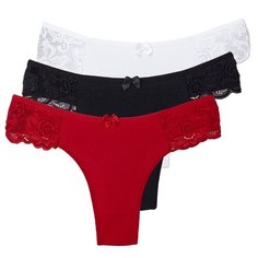 Magic lady Набор трусов стринги с кружевом и бантиком, 3 шт., размер 46-48, красный/черный/белый