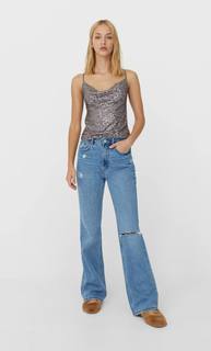 Stradivarius Топ С Пайетками И Сборкой Женская Коллекция Жемчужно-Серый L